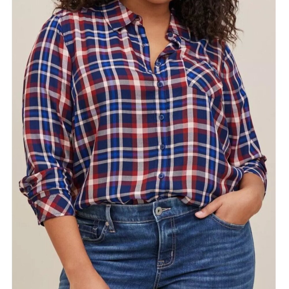 NWT Torrid 3 Plaid Lizzie Rayon Twill Button-Up Long Sleeve Shirt 3X 22 24